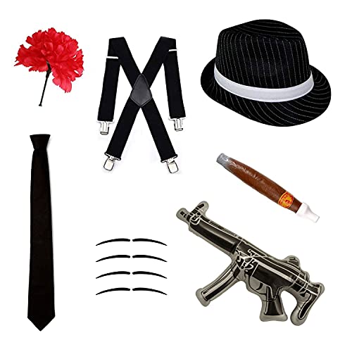 Robelli Gangster Fancy Kleid Set-Trilby Hut, Krawatte, Hosenträger, Zigarre, Schnurrbart & Nelke von Robelli