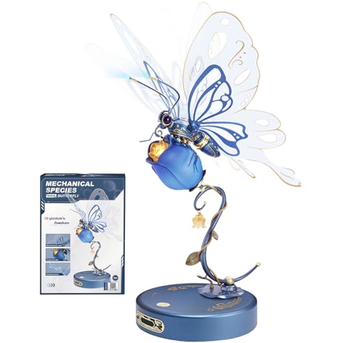 ROBOTIME 3D Puzzle Schmetterling&Rose Modellbau Nachtlicht, Mechanischer Modellbausatz Heimdeko Geschenke für Erwachsene und Kinder - Blau von Robotime