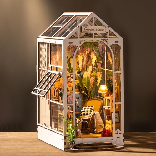 ROBOTIME DIY Book Nook Kit Gartenhaus mit Möbeln und LED Lampe, 3D Puzzle Booknook Miniatur Haus Modellbausatz, Diorama Modelbau für Erwachsene, Bücherregal Deko von Robotime