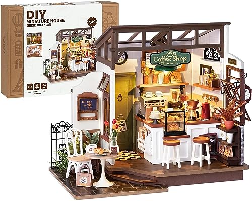 ROBOTIME DIY Holzpuppenhaus Set mit Miniaturmöbeln, Modellbausatz mit Zubehör und LEDs, Modellbausatz für Erwachsene und Kinder, Feiertag Geburtstag (NO.17 Coffee) von Robotime