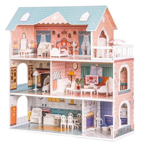 ROBOTIME Holzpuppenhaus mit Möbeln und Zubehör, Puppenhaus für Mädchen, Spielzimmer, Spielzeug für Kinder, Geschenk für Mädchen und Jungen von Robotime