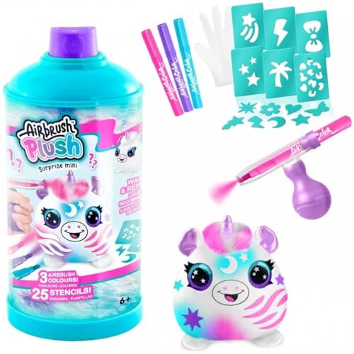 Rocco Giocattoli - Airbrush Plush Surprise: 6 Sammelfiguren zum Färben und Sammeln - Einhorn, Husky, Vogel, Affe, Robbe, Kugelfisch von Rocco Giocattoli
