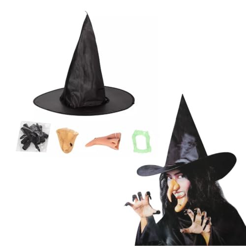 RockParty Hexe Halloween Verkleidung Set - Hut, Nase, Zähne, Kinn & Krallen - Kostümzubehör für Kinder (Alter 5+) & Erwachsene von RockParty