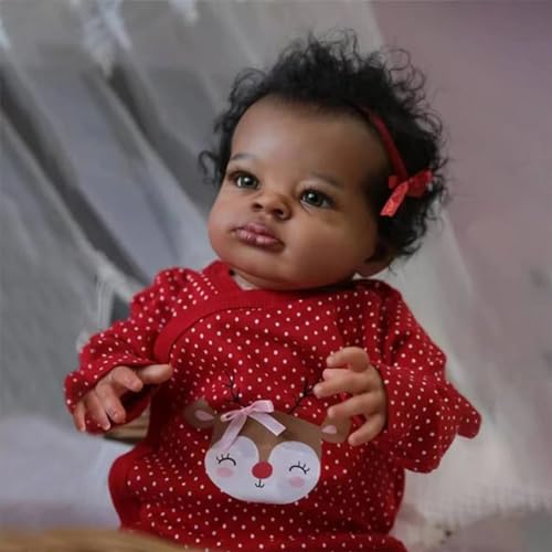 Roctiluny Schwarze Afroamerikanerin schwarzes Silikon 19 Zoll Schwarze Kleinkind-Reborn-Babypuppe Mädchen lebensechte weiche Silikonpuppe von Roctiluny