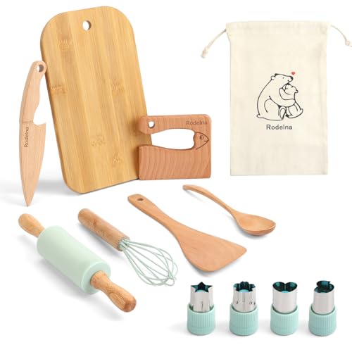 Kindermesser, 12 teiliges Sicherheit Kindermesser, Küchenset Kinder Schneideset für echtes Kochvorgänge, Montessori Messer aus Holz Kindermesser-Set, Kleinkinder Kochset von 2-10 Jahren (Sage Grün) von Rodelna
