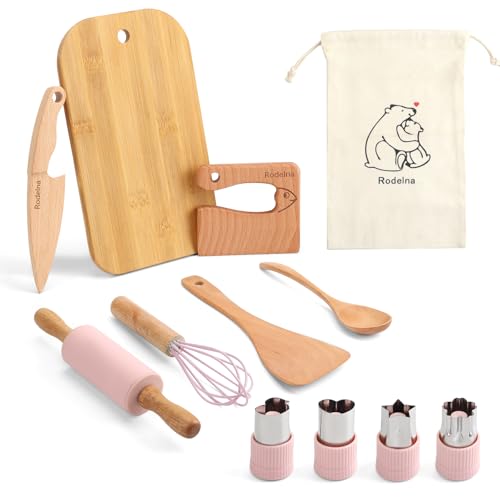 Kindermesser, 12 teiliges Sicherheit Kindermesser, Küchenset Kinder Schneideset für echtes Kochvorgänge, Montessori Messer aus Holz Kindermesser-Set, Kleinkinder Kochset von 2-10 Jahren (Rosa) von Rodelna