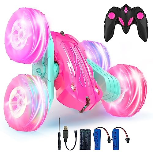 Rodzon Ferngesteuertes Auto Crawler 3 4 5 6 7 8 9+ Jahre Mädchen Spiele RC Auto mit LED Blinken Spielzeug Mädchen Geschenke Kinder Toy 2.4Ghz 4WD 360° Flip RC Car mit 2 Aufladbarer Batterien (Rosa) von Rodzon