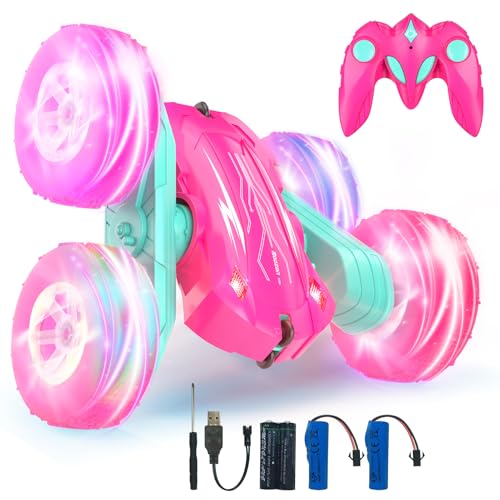 Rodzon Ferngesteuertes Auto Crawler 3 4 5 6 7 8 9+ Jahre Mädchen Spiele RC Auto mit LED Blinken Spielzeug Mädchen Geschenke Kinder Toy 2.4Ghz 4WD 360° Flip RC Car mit 2 Aufladbarer Batterien (Rosa) von Rodzon