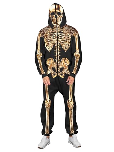 Roevite Halloween-Pyjama, Skelett-Overall für Damen und Herren, mit Reißverschluss, 3D Gold Skelett, XX-Large-3X-Large von Roevite