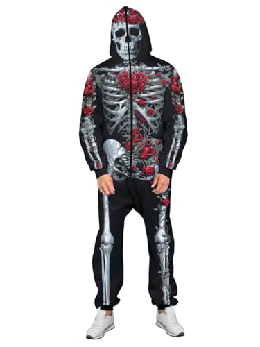 Roevite Halloween-Pyjama, Skelett-Overall für Damen und Herren, mit Reißverschluss, 3D-Rosen-Skelett mit Blumenmuster, XX-Large-3X-Large von Roevite