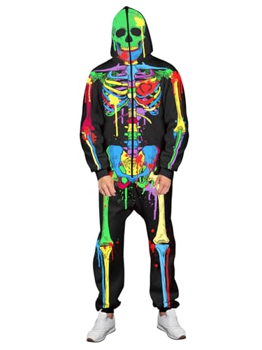 Roevite Halloween-Pyjama, Skelett-Overall für Damen und Herren, mit Reißverschluss, Mehrfarbiges Skelett, XX-Large-3X-Large von Roevite