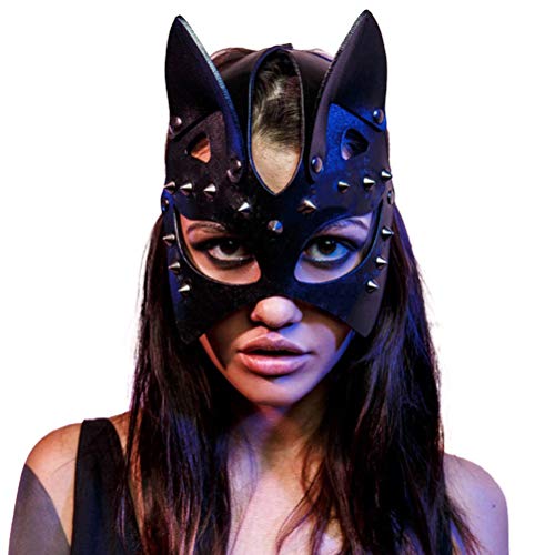 Roexboz Katzenmaske, PU Leder Niet Maske Katzenohr Halbe Gesichtsmaske, Cosplay Katze, Halloween Rave Karneval Maskerade für Herren und Damen, Schwarz, Einheitsgröße (adjustable) von Roexboz