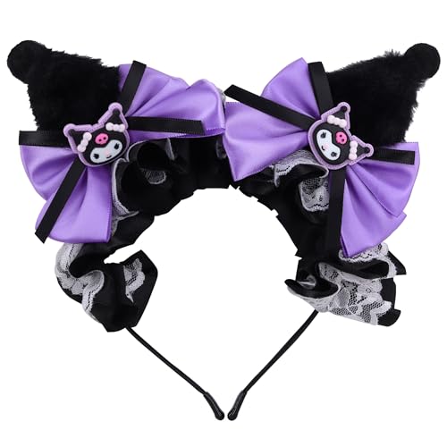 Roffatide Anime Hairpin Ohr Plüsch Haarband mit Bögen & Spitze Bänder Mädchen Kawaii Kostüm Halloween Weihnachtsfeiertag Geburtstagsgeschenk Schwarz von Roffatide