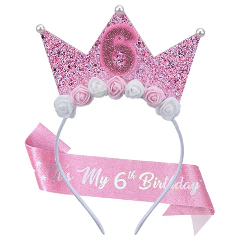 Roffiy Geburtstagsdekorationen für 6 Jahre altes Mädchen – funkelndes Kronen-Stirnband mit Perlen, verstellbare rosa Schärpe "This is My Birthday", Blumenprinzessin-Tiara, Haarschmuck Roffiy Geburtstagsdekorationen für 6 Jahre altes Mädchen – funkelndes Kronen-Stirnband mit Perlen, verstellbare rosa Schärpe "This is My Birthday", Blumenprinzessin-Tiara, Haarschmuck von Roffiy
