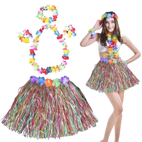 Hawaii Mottoparty Kostüme Set Rock Bastrock Hawaii Damen Hawaii Kostüm Inklusive Bastrock+Haarblume+Blumenkette+2 Blumenarmbänder für Frauen Sommer Strand Tropische Party Dekoration von Roinaid