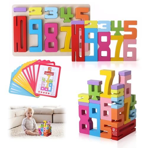 Roinaid 2 Sätze Wooden Number Building Blocks, Bunt Stapelzahlen, Holz-Stapel Zahlenblocks, Pädagogisches Lernspielzeug für Digitales Lernen (2 Set) von Roinaid