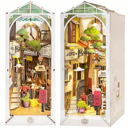 Rolife Book Nook Kit für Erwachsene DIY Miniature House mit LED-Licht für Buchstütze Bibliothek Bücherregal Dekoration 3D Puzzle Buchstützen aus Holz Booknook Geschenken (TGB02 Sunshine Town) von Rolife