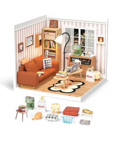 Rolife DIY Miniatur Kunststoff Haus Bauset Spielzeug Spielset mit LED Geeignet für Minifiguren Konstruktionsspielzeug Diorama Kit Geschenke für Teenager Erwachsene (Cozy Living Lounge) von Rolife