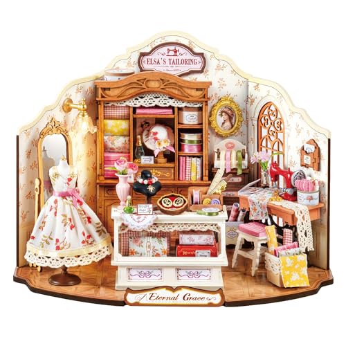Rolife Puppenhaus ELSA’s Schneiderei DIY Miniaturhaus Bausatz aus Holz im Vintage Rustikal Stil Schneiderladen Puppenhaus Modellbausatz Heimdekoration Geburtstagsgeschenk für Sie von Rolife