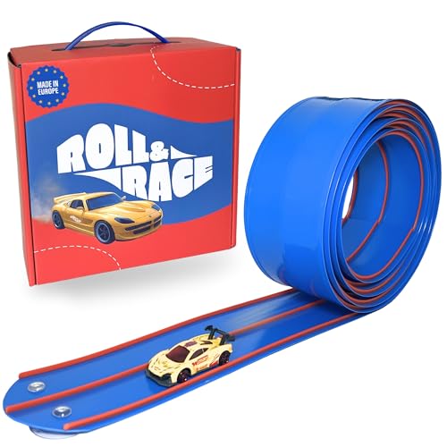 RollAndRace Flexible Spielzeugautorennbahn 400 cm - Aufrollbare Rennstrecke - Spielzeugauto-Rennstrecke - Rennbahn - Geschenk für Kinder - Gummistrecke Kinder - Flexible Car Track von Roll&Race