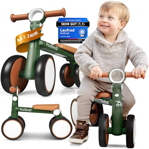 Rollindi Kinder Laufrad ab 1 Jahr [Mitwachsend] Kippsicher Leicht Lauflernrad Baby Fahrrad Rutschauto Jungen und Mädchen von 12-36 Monate | Neues Modell, Grün von Rollindi