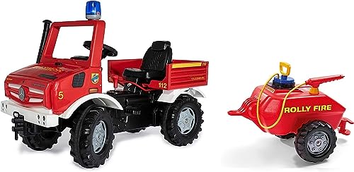 Rolly Toys Unimog Feuerwehr Tretauto (mit Anhänger ab 3 Jahren, Feuerwehrauto zum selber fahren mit Flüsterlaufreifen, Schaltung, Handbremse, Tretfahrzeug, Tretauto ab 3, Kinderfahrzeug) 038275 von ROLLY TOYS