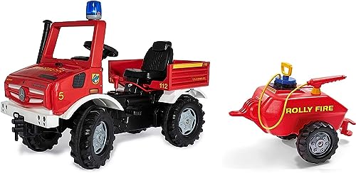 Rolly Toys Unimog Feuerwehr Tretauto (mit Anhänger ab 3 Jahren, Feuerwehrauto zum selber fahren mit Flüsterlaufreifen, Schaltung, Handbremse, Tretfahrzeug, Tretauto ab 3, Kinderfahrzeug) 038275 von Rolly Toys