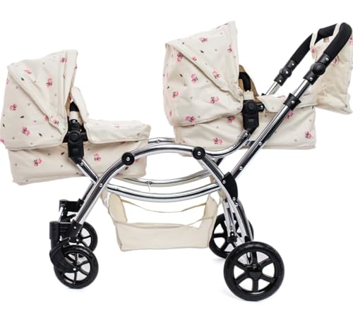 Roma Darcie Zwillingspuppenwagen in Creme, Geeignet von 3 bis 16 Jahren, Verstellbare Griffhöhe, 16 Kombinationen, Doppel-Puppenwagen von Roma