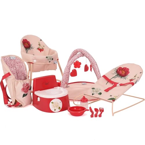 Roma RHS 10-teiliges Puppenzubehörset - Flora: Lauflernhilfe, Wippe, Bauchtrage, Töpfchen, Futternapf, Besteckset, Trinkbecher, Spielbogen für Puppen 26-45 cm von Roma