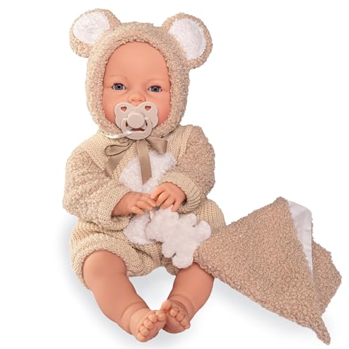 Roma Teddy-Puppe, interaktive weinende Babypuppe mit magnetischem Schnuller, weicher Körper, Vinyl, 37 cm, handbemalt, bewegliche Augen, Decke inklusive, hergestellt in Spanien von Roma