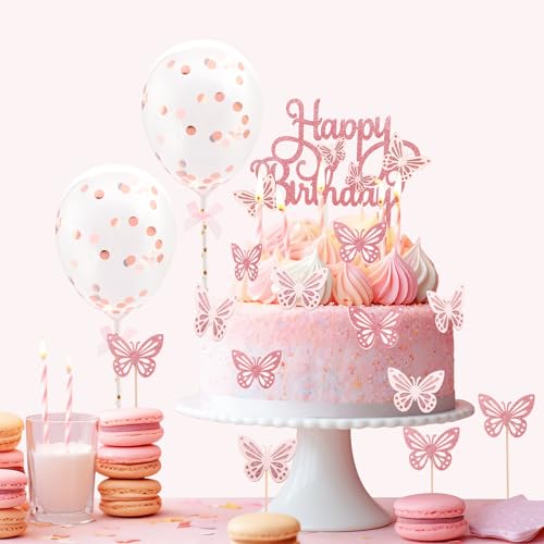 Romon 15 Stück Schmetterling Tortendeko liefert Set, Tortendeko Geburtstag mit 2pcs Rose Gold Ballons für Jungen Mädchen alles Gute zum Geburtstag Party Dekorationen Romon 15 Stück Schmetterling Tortendeko liefert Set, Tortendeko Geburtstag mit 2pcs Rose Gold Ballons für Jungen Mädchen alles Gute zum Geburtstag Party Dekorationen von Romon