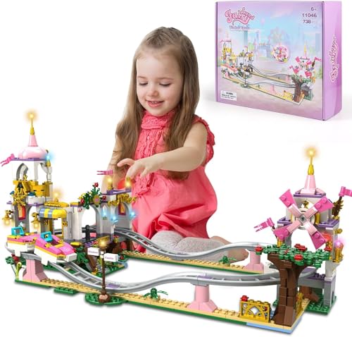 Rongmeiz Friends Achterbahn-Burg Bausteinset, 738-teiliges kreatives Freizeitpark-Burg-Bauset, STEM rosa Prinzessinnen-Spielplatz, Weihnachts- und Geburtstagsgeschenk-Spielzeug für Kinder von Rongmeiz