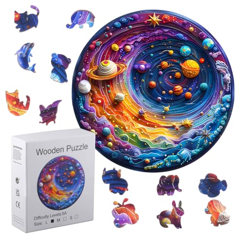 Rongxze Holzpuzzle Erwachsene, 29cm Holzpuzzle - Kosmische Galaxis mit Tier - Elementen 3D - geschichtetes Puzzle für Erwachsene und Kinder von Rongxze