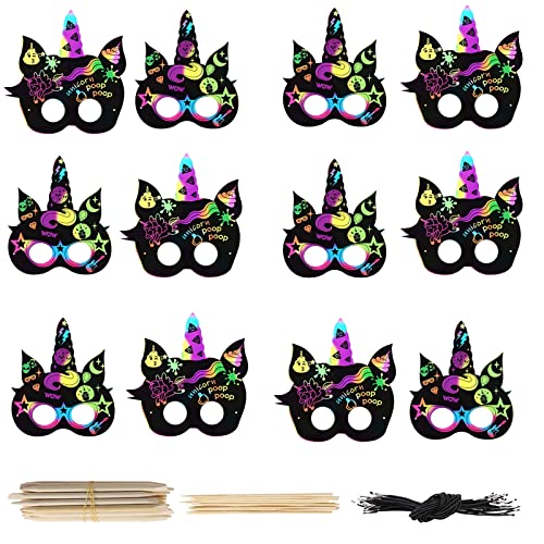 RONGYI 24 Pieces Scratch Pictures Craft Set, Magical Colourful Rainbow Scratch Paper Card, Animals Scratch Pictures Masks, Set with Elastic Cords and Wooden Stylus, Children's Birthday Party, Carnival von RONGYI