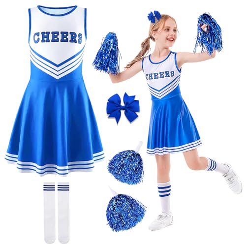 Ronronner Cheerleader Kostüm Kinder, Cheerleader Kostüm Damen, Cheerleading Uniform Kleid mit Socken und Kopfschmuck für Karneval, Fasching, Mottoparty (Blue, 140) Ronronner Cheerleader Kostüm Kinder, Cheerleader Kostüm Damen, Cheerleading Uniform Kleid mit Socken und Kopfschmuck für Karneval, Fasching, Mottoparty (Blue, 140) von Ronronner