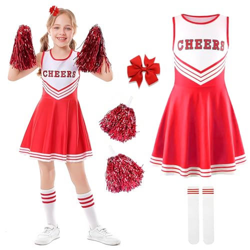 Ronronner Cheerleader Kostüm Kinder, Cheerleader Kostüm Damen, Cheerleading Uniform Kleid mit Socken und Kopfschmuck für Karneval, Fasching, Mottoparty (Red, 120) von Ronronner