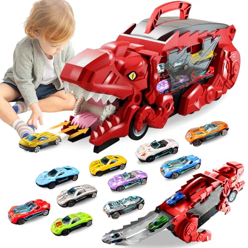 Ronronner Transport Truck Spielzeugautos für 3 4 5 6 Jahre alte Jungen, Autotransporter Spielzeug, Spielzeug Autos Dinosaurier Transporter LKW Mit 10 Rennautos (Red) von Ronronner
