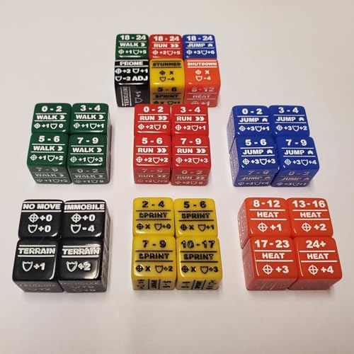 Battletech Stats Modifikator-Würfel, komplettes 30-Würfelpaket: farbcodierte Walk Run Jump Sprint Heat und spezielle Modifikator-Würfel von Rook Robot