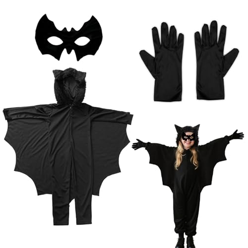 Roontin Fledermaus Kostüm Kinder – Halloween Kostüm Kinder Set mit Cape, Overall, Maske & Handschuhen – Vampir Verkleidung für Mädchen & Jungen zu Fasching, Karneval & Cosplay Partys von Roontin