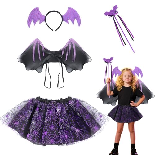 Roontin Halloween Kostüm Kinder Fledermaus – 4-teiliges Set für Mädchen mit Tutu Kleid, Flügel, Haarreif & Zauberstab, Fledermaus Kostüm Kinder 3–8 Jahre für Halloween Party & Fasching von Roontin