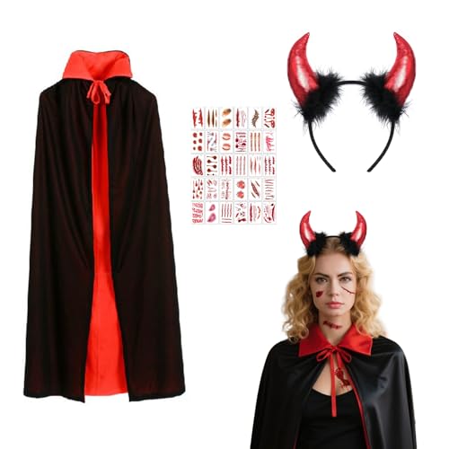 Roontin Halloween Umhang Set für Damen & Herren – Teufel Halloween Kostüm mit Hörner Haarreif & Narben Tattoo, Schwarzer & Roter Wendeumhang für Halloween Party & Verkleidung Roontin Halloween Umhang Set für Damen & Herren – Teufel Halloween Kostüm mit Hörner Haarreif & Narben Tattoo, Schwarzer & Roter Wendeumhang für Halloween Party & Verkleidung von Roontin