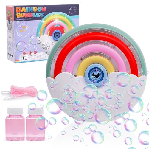 Seifenblasenmaschine Kinder – Tragbare Automatische Seifenblasenmaschine mit Regenbogenlicht & 2000+ Blasen/Min, inkl. 2X Seifenblasenlösung, Blasenspielzeug für Geburtstag, Hochzeit & Outdoor von Roontin