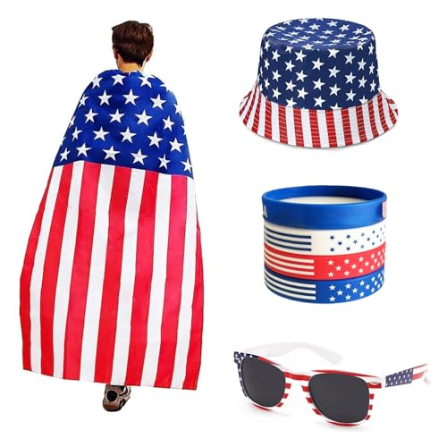 Kostüm Umhang mit amerikanischer Flagge, 4. Juli, Retro-Stil, 80er-Jahre-Sonnenbrille, amerikanische Flagge, Eimerhut, Armbänder für Unabhängigkeitstag von Roozie