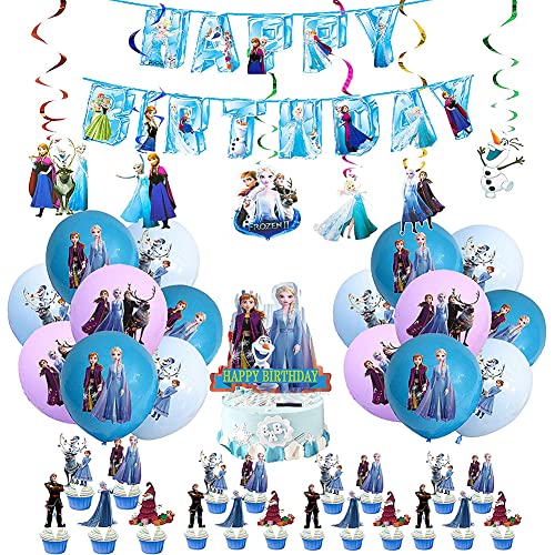 Gefrorene Prinzessin Geburtstagsfeier Dekoration, 44PCS Prinzessin-Themen-Partydekorationen DIY ​Gefrorene Luftballons Happy Birthday Banner Kuchen Topper Spiraldekorationen für Mädchen Geburtstags von Ropniik