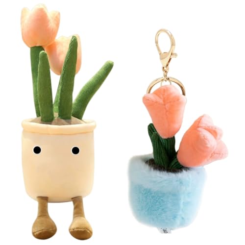 Ropniik Rosa Tulpe Plüschtier Blumentopf und Schlüsselanhänger Set, Weiche Tulpen Plüschpflanze, Weicher Tulpen Schlüsselanhänger, Geschenke für Kinder Weihnachten Geburtstag (Rosa) von Ropniik