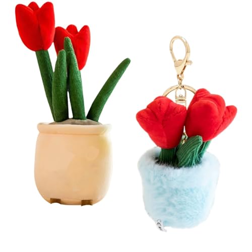 Ropniik Rote Tulpe Plüschtier Blumentopf und Schlüsselanhänger Set, Weiche Tulpen Plüschpflanze, Weicher Tulpen Schlüsselanhänger, Geschenke für Kinder Jungen Mädchen Weihnachten Geburtstag (Rot) von Ropniik