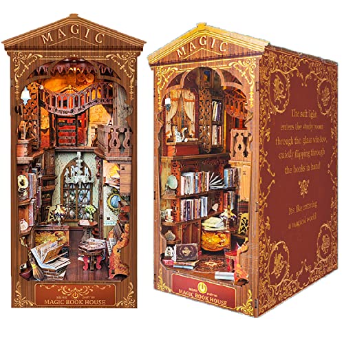 Roroom DIY Book Nook Kit, DIY Dollhouse Bookshelf Insert Decor Alley, 3D Wooden Puzzle with LED Lighting Book Nook Wood Bookend Model Building (Magic Book House) von Roroom