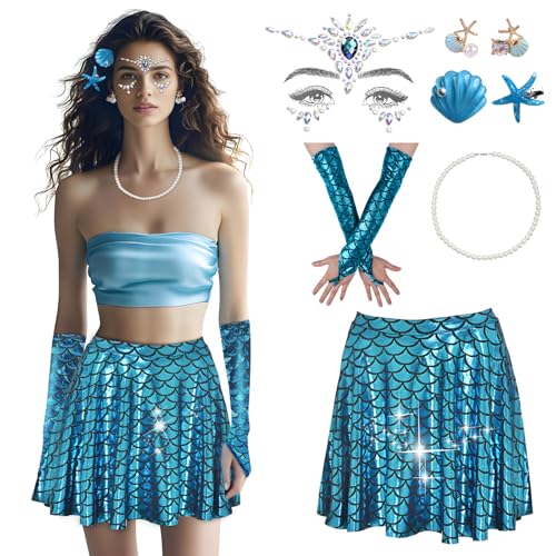 RoserRose Damen Meerjungfrau Kostüm 8 Set, Fischschuppen Rock+Handschuhe Meerjungfrau+2 Haarspange+Seestern Ohrringe+Perlenkette+Edelsteine Gesichtstattoo für Karneval Mottoparty Kostüm Accessoires RoserRose Damen Meerjungfrau Kostüm 8 Set, Fischschuppen Rock+Handschuhe Meerjungfrau+2 Haarspange+Seestern Ohrringe+Perlenkette+Edelsteine Gesichtstattoo für Karneval Mottoparty Kostüm Accessoires von RoserRose