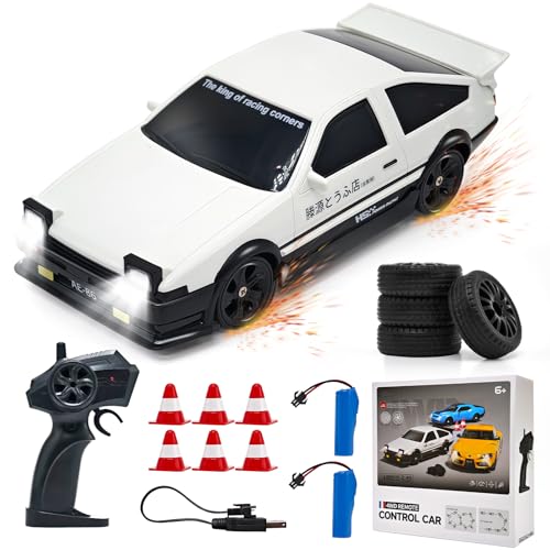 RC Drift Car, 1:24 Mini RC Auto 4WD mit LED-Licht, 18 km/h RC Spielzeugauto für Erwachsene und Kinder ab 6 Jahren – Inkl. 2 Akkus (50 Min. Spielzeit), 6 eine Straßensperre & 2.4GHz Fernbedienung von RoserRose