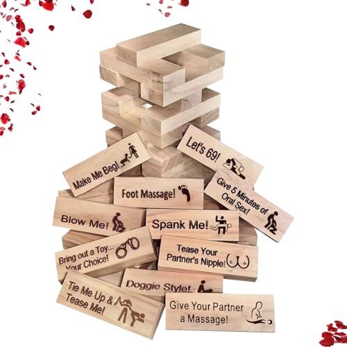 RoserRose 48 StüCk Block Tower Spiel, Spiele für Paare, Tower Stack Spiel, Spiele für Erwachsene, mit Thrill Challenge - Originelles Geschenk zum Jahrestag und Valentinstag - Version für Erwachsene von RoserRose